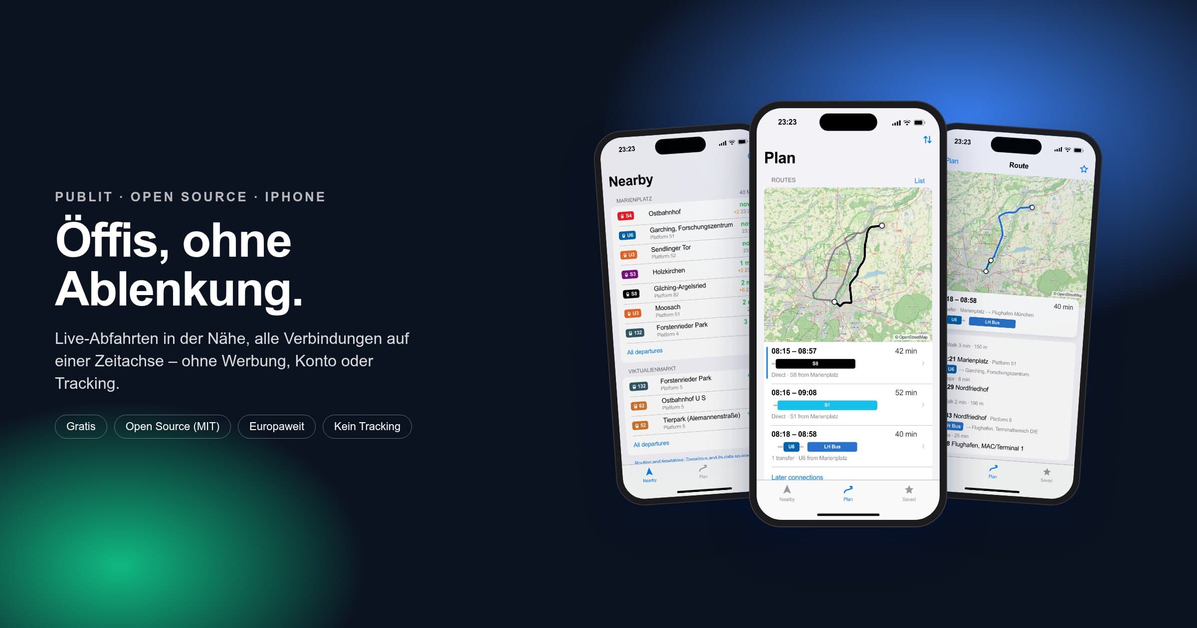 Publit auf drei iPhones: Abfahrten in der Nähe, Routenvergleich und Routendetail