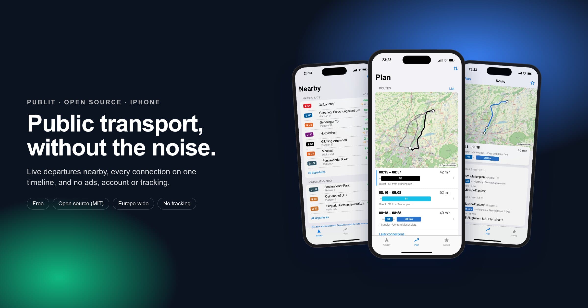 Publit on three iPhones: nearby departures, route comparison and route detail