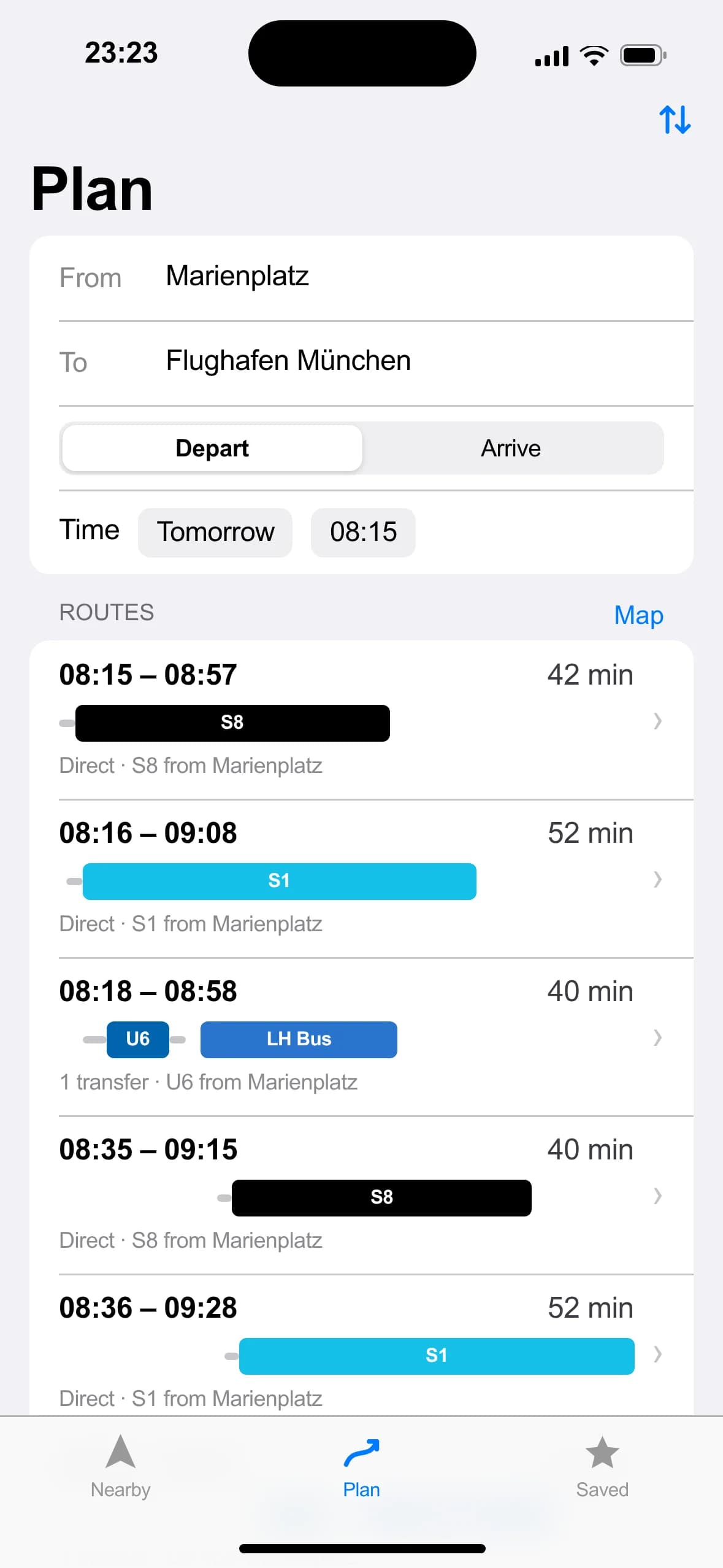 Publit trip planning screen