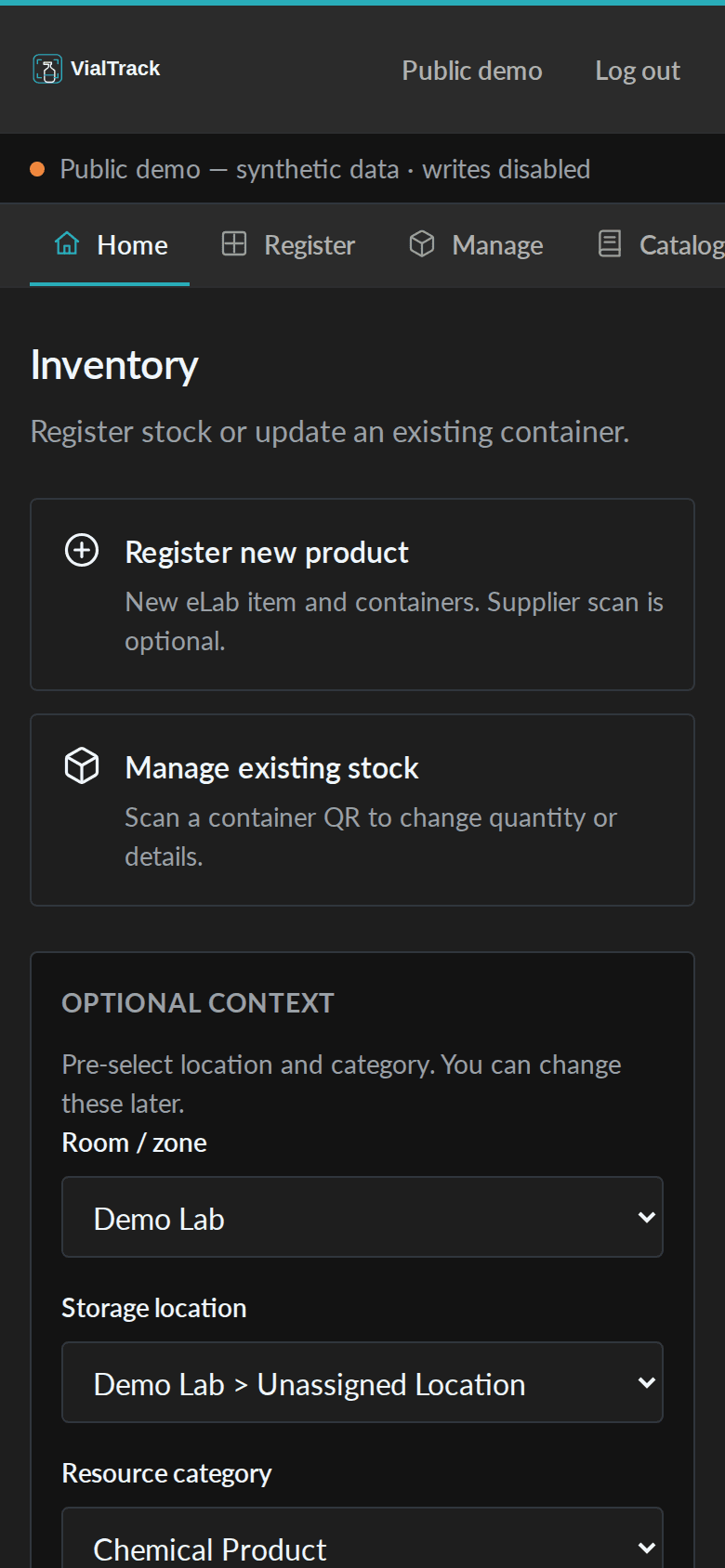VialTrack mobile home — eLabFTW-look UI with Register and Manage, supplier scan optional.